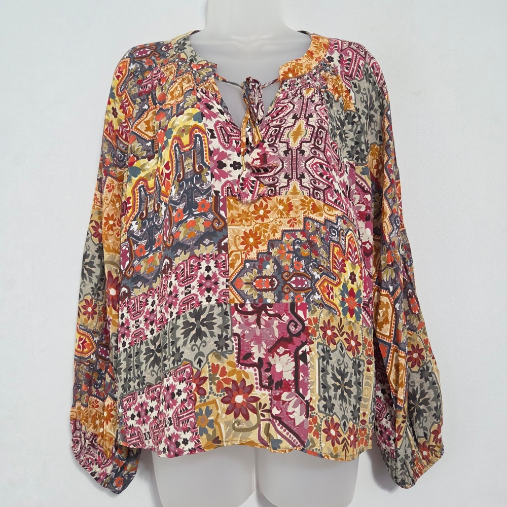 Kachel Anthropologie Ambrosia Top 8 Silk Blend Patchwork Boho Peasant Cottage